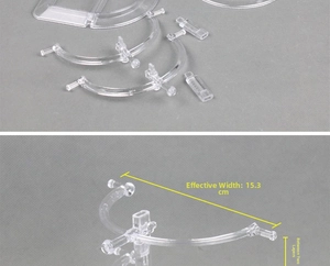 Detail view of transparent glasses display rack with 15.3cm width and tiered spacing