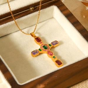 Gold stainless steel cross pendant necklace with colorful cubic zirconia in luxury box
