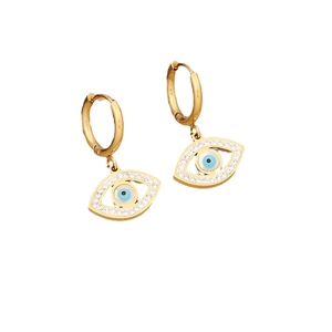 Gold evil eye hoop earrings featuring blue centers and sparkling cubic zirconia stones