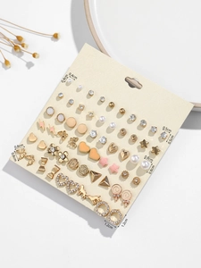 Detailed view showing dimensions of various gold-toned stud earrings with faux pearls