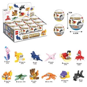 Detailed catalog of 12 DIY sea animal building blocks including seahorse and shark models