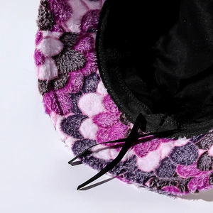 Winter plush bucket hat with purple flower pattern and adjustable inner drawstring