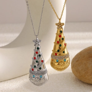Collier de Noël en acier plaqué or 18K avec pendentif sapin, Père Noël et cristaux colorés