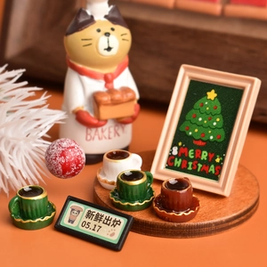 Miniature Christmas coffee cups and resin cat chef figurines for dollhouse decor
