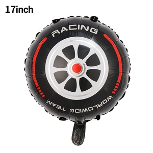 Detail of 17-inch racing tire foil balloon with silver hub pattern and metallic finish