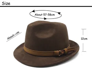 Detailed size guide for suede fedora hat showing circumference, brim width, and height