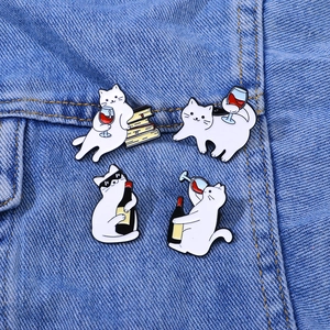 Set of 4 cute white cat enamel pins featuring cool cartoon kittens drinking red wine