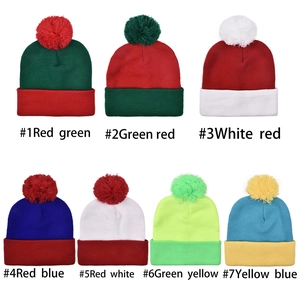 Winter knitted beanie hats with large pom poms in seven colorful striped pattern designs