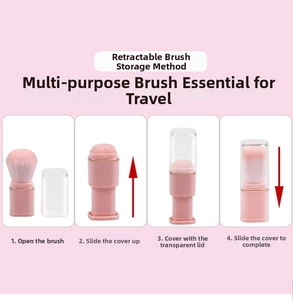 Step-by-step macro of pink retractable makeup brush showing protective lid storage