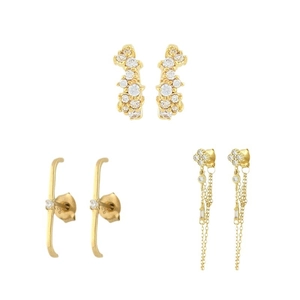 Three-pair gold zircon earring set with tassel and S925 silver studs on white background