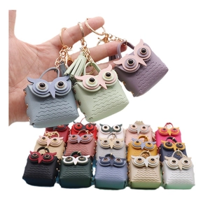 Mini PU leather owl keychain purse in various colors with metallic ring and tassel charms
