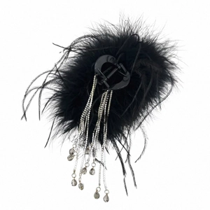 Elegant large hair claw clip with black feather fringe and silver tassel drop ornaments