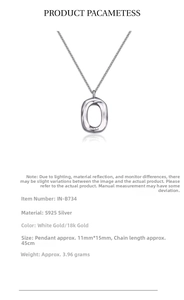 Macro detail of S925 silver oval pendant necklace showing material specs and weight