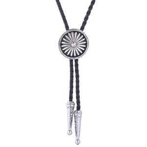 Western Bolo Tie with sunburst embossed silver buckle and black leather braided rope cord