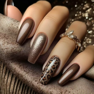 Long Coffin Press On Nails Leopard Print Caramel Brown Fine Glitter ABS Ballerina Artificial False Nails For Women Elegant Fashion