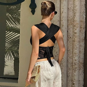 Detailed back view of sexy black lace patchwork top with criss-cross straps and lace hemline