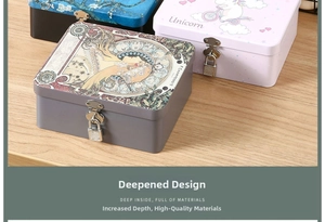Macro view of deep tinplate storage boxes featuring vintage art with metal locks