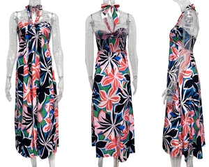 Vues de face, dos et côté d'une robe maxi dos nu sans manches avec imprimé tropical