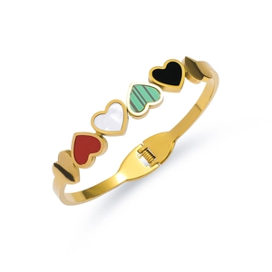 Adjustable gold titanium steel bangle with five multi-colored inlaid hearts