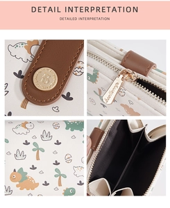Detailed views of bear print wallet showing the metal zipper, snap button and card slots