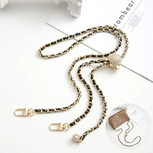 Adjustable gold metal chain strap with crystal ball and black leather for crossbody bags