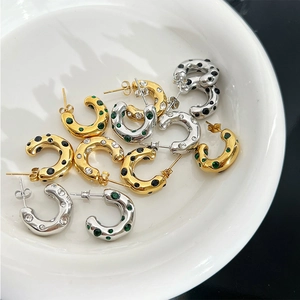 Irregular C Shape Hoop Stud Earrings Stainless Steel Rhinestone Inlaid Chunky Metal Jewelry For Women