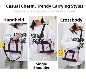 Pink nylon pillow bag shown in three styles: handbag, shoulder bag, and crossbody bag