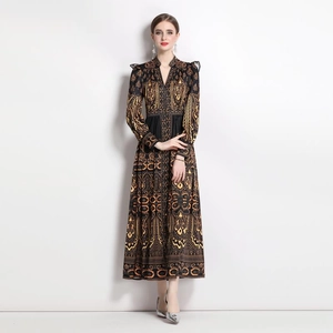 Vintage boho printed V-neck long sleeve maxi dress with cinched waist and ruffles