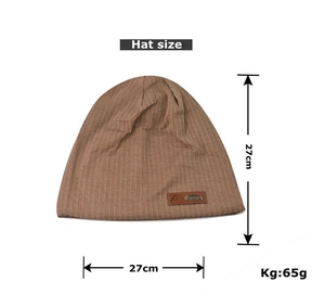 Detailed knit beanie product specs with dimensions 27x27cm and 65g weight in dark brown