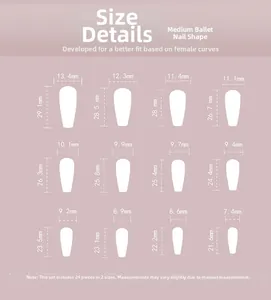 Size chart for 24pcs medium coffin press-on nails with 12 precise width and length specs