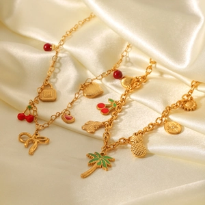Gold stainless steel chain necklaces with cherry pineapple and palm tree charms