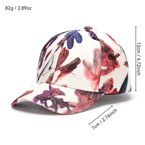 White floral baseball cap with colorful watercolor print and product dimensions