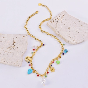 Gold plated stainless steel necklace with pearl, tree of life and colorful charms