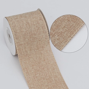 Linen faux burlap ribbon roll with white stitched edges for DIY crafts and flower wrapping