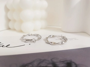 Dettaglio di orecchini a cerchio intrecciati in argento sterling S925 su una rivista