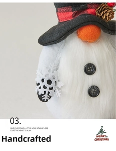 Detailed view of handmade Christmas gnome showing red plaid and pine cone decorations