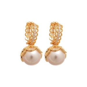 Elegant gold plated pearl earrings with zircon lace detailing on white background