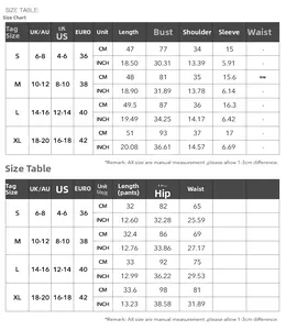 Tableau des tailles détaillé pour ensemble de yoga femme avec mesures haut et short en CM et INCH