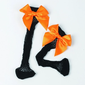 Close-up of black mesh fishnet socks featuring vibrant orange satin bow details