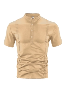 Detail of khakigrey Guayabera shirt featuring vertical pleats and textured M-size label