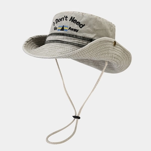 Vintage khaki washed denim safari hat with embroidery and adjustable windproof strap