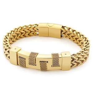 Chunky gold woven titanium steel bracelet with rectangular metal plate for men
