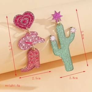 Asymmetric cowboy style earrings with glitter heart, cowboy hat and cactus charms