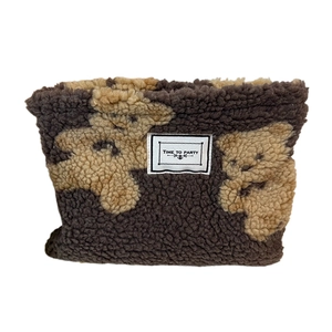 Large canvas teddy bear makeup bag with Time to Party tag in deep brown and khaki
