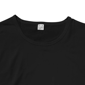 Detail shot of black tank top neckline and label showing size and material info