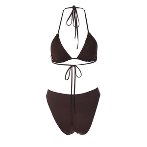 Detailed view of dark brown bikini set with shell button accents and halter neck ties