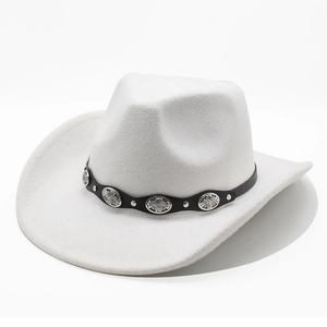 White wool felt cowboy hat with vintage silver concho leather belt and classic wide brim