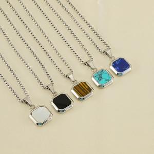 Minimalist square stone necklaces with colorful inlays and stainless steel box chains