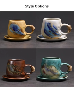 Detailed macro view of four ceramic coffee cups with textured glaze and hemp rope handles