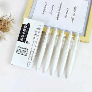 Close-up of five 0.5mm white retractable gel pens with comfortable soft rubber grip